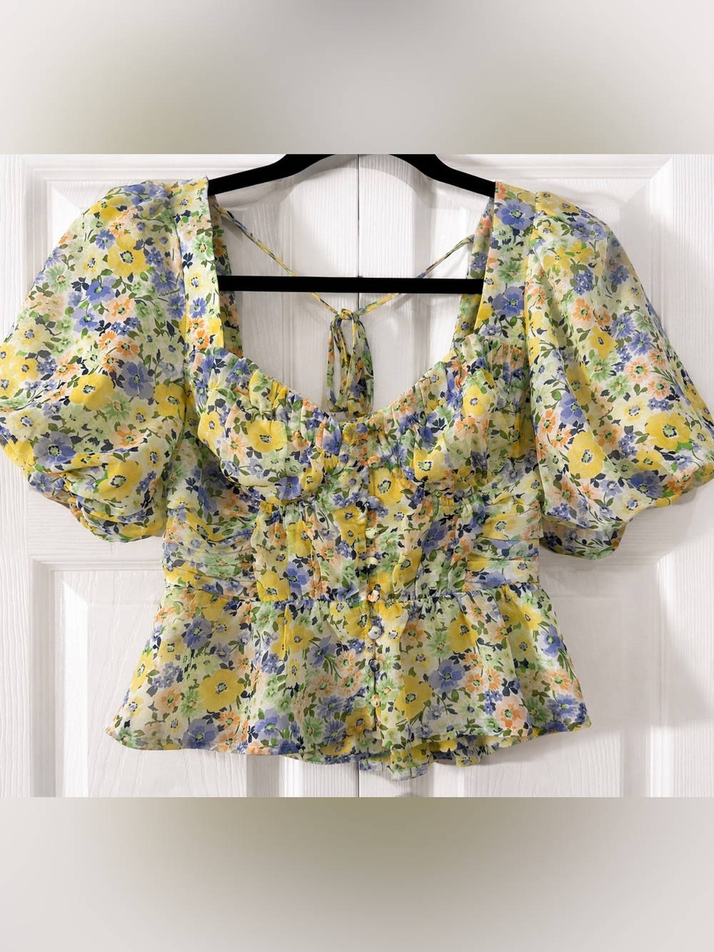 ASTR The Label Yellow Green Floral Puff-Sleeve Peplum Blouse XS Cottagecore